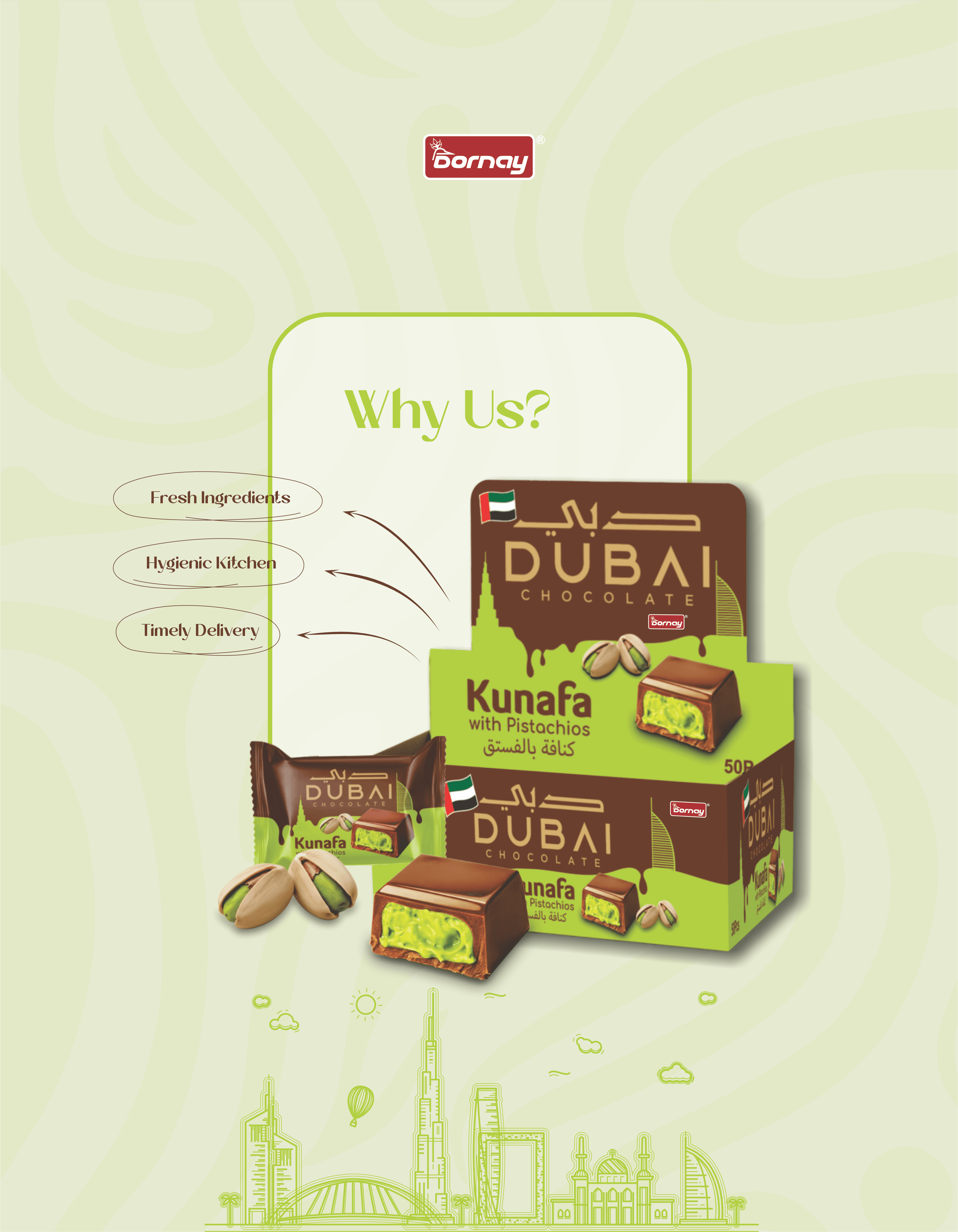 Dubai Kunafa Chocolate by Dornay - Middle Eastern dessert fusion with pistachio and rich chocolate